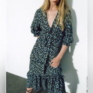 Zara Medium Blue and Black Floral Pattern Midi Dress